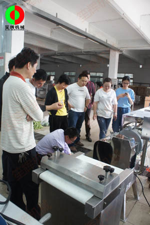 客戶親臨我司測試木瓜削皮、瓜果切丁及蔬果分瓣等加工處理設備！